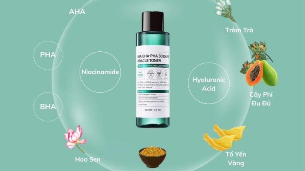 Exfoliating toner chứa AHA BHA hoặc PHA để hỗ trợ loại bỏ tế bào sừng